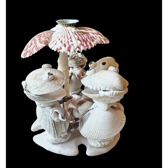 Handcrafted Shell Turtle Musician Figurines Under Palm Tree 4" T Vintage - Picture 3 of 14